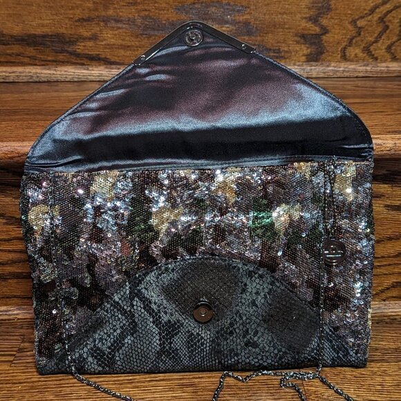 Big Buddha Gunmetal Snakeskin and Sequin Envelope Clutch EUC - Picture 2 of 9